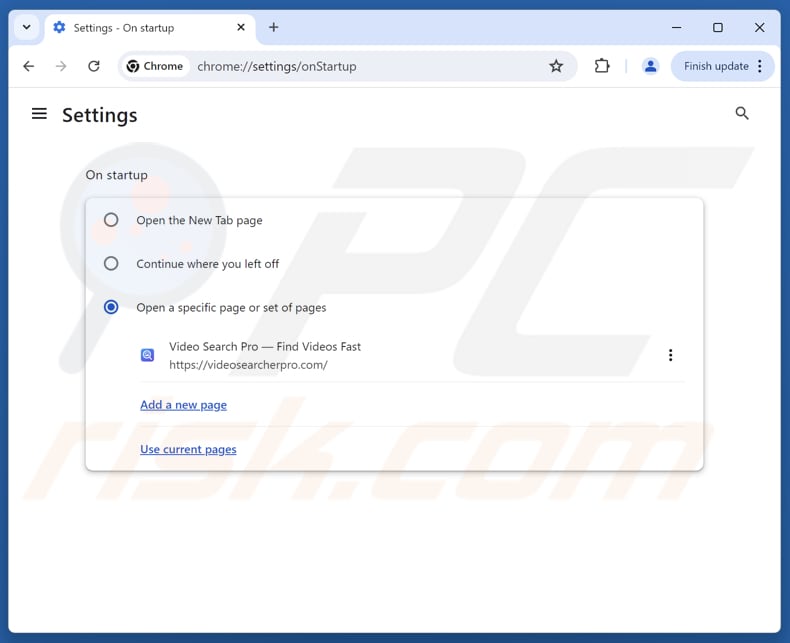 Eliminar videosearcherpro.com de la página de inicio de Google Chrome