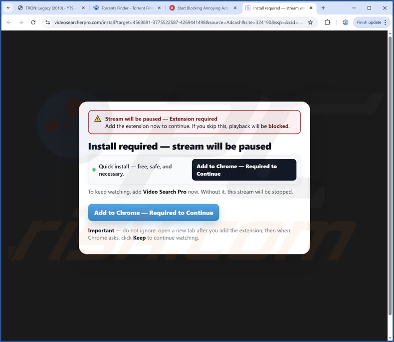 videosearcherpro.com redirigir promotor engañoso