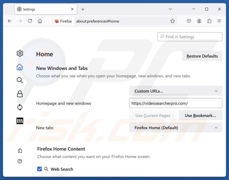 Eliminar videosearcherpro.com de la página de inicio de Mozilla Firefox
