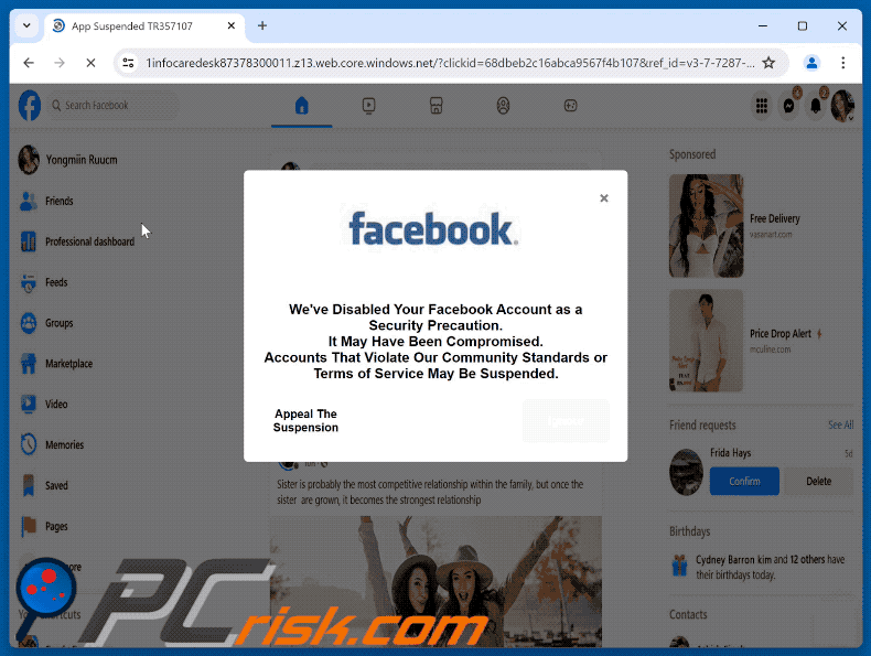 Apariencia de la estafa «Hemos desactivado tu cuenta de Facebook»