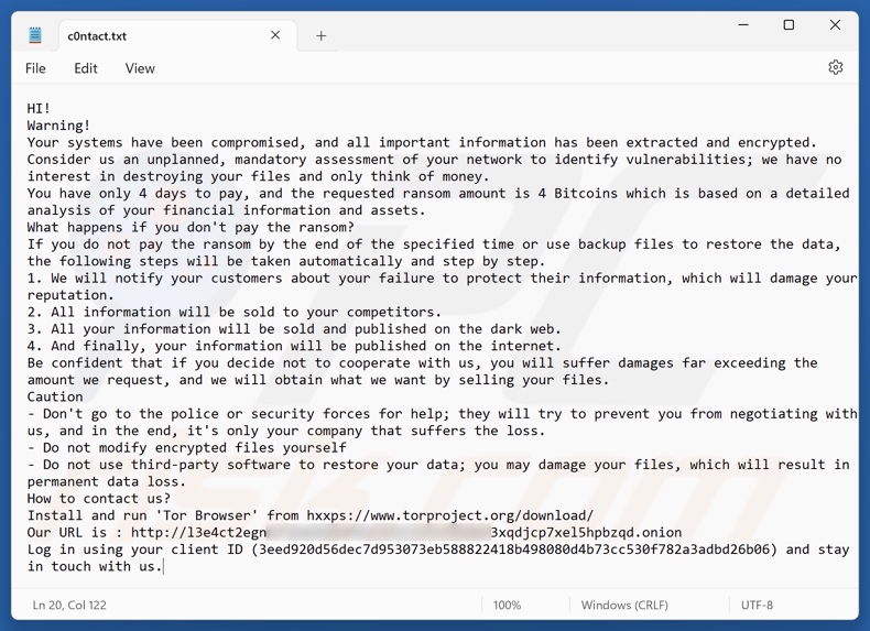 Nota de rescate del ransomware White Lock (c0ntact.txt)