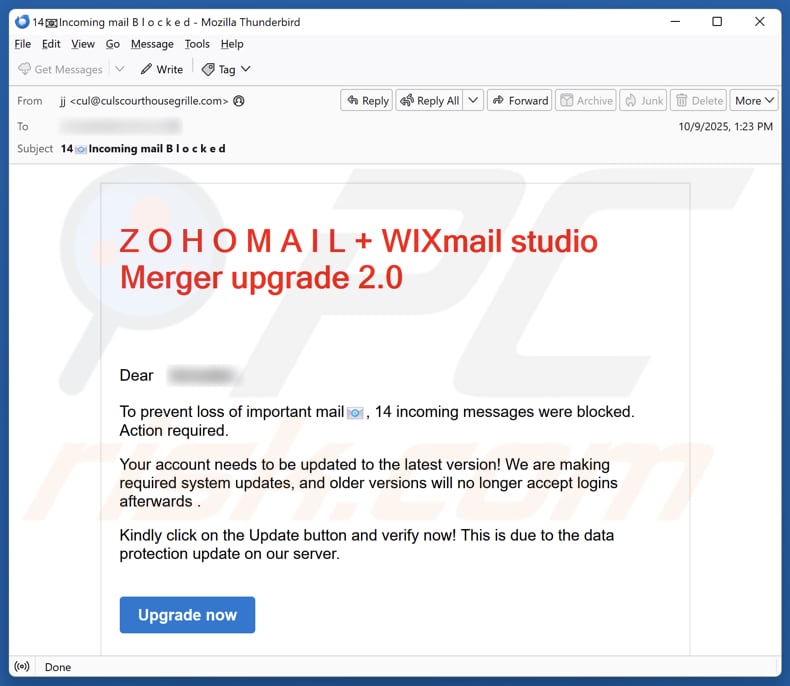 Campaña de correo electrónico spam con notificación de fallo en la cuenta de correo electrónico