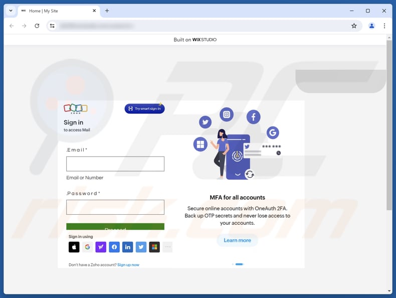 Sitio de phishing de la estafa de actualización de la fusión de Zoho Mail + Wix Mail Studio
