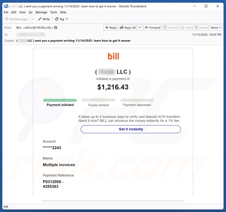 Bill Holdings - Initiated Payment campaña de correo electrónico no deseado