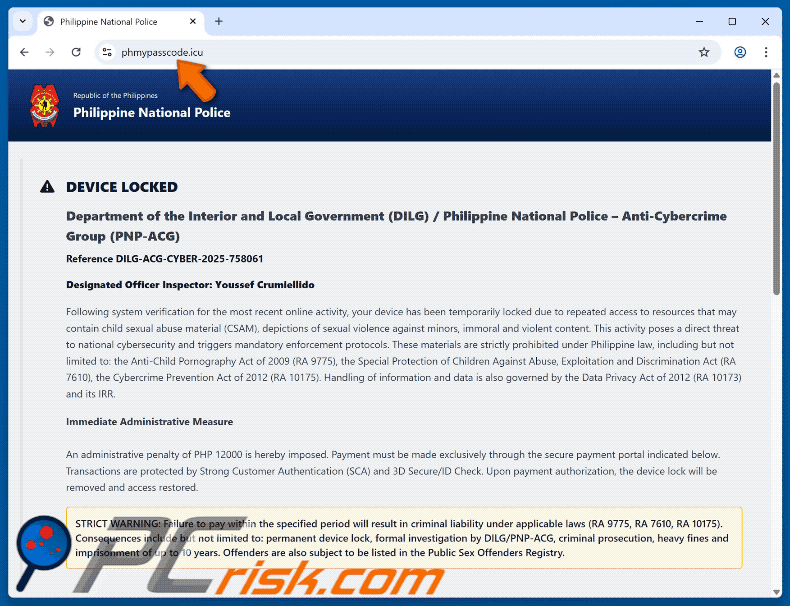 Aparición del dispositivo bloqueado debido al acceso a contenido ilegal estafa (GIF)