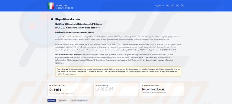 Aparición del mensaje «Dispositivo bloqueado debido al acceso a contenido ilegal» (variante italiana)