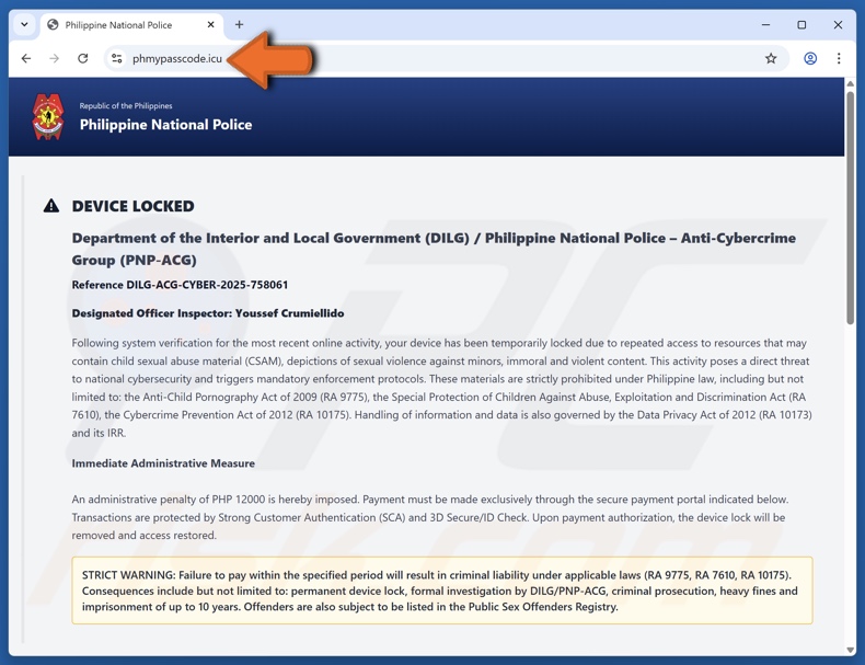 Device Locked Due To Access To Illegal Content estafa (variante inglesa)