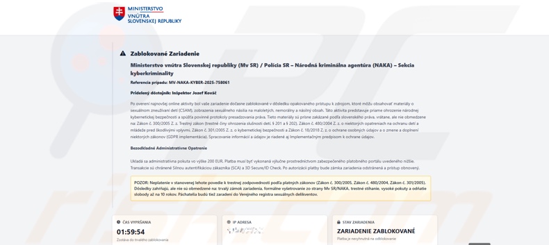 Aparición del mensaje «Dispositivo bloqueado debido al acceso a contenido ilegal» (variante eslovaca)