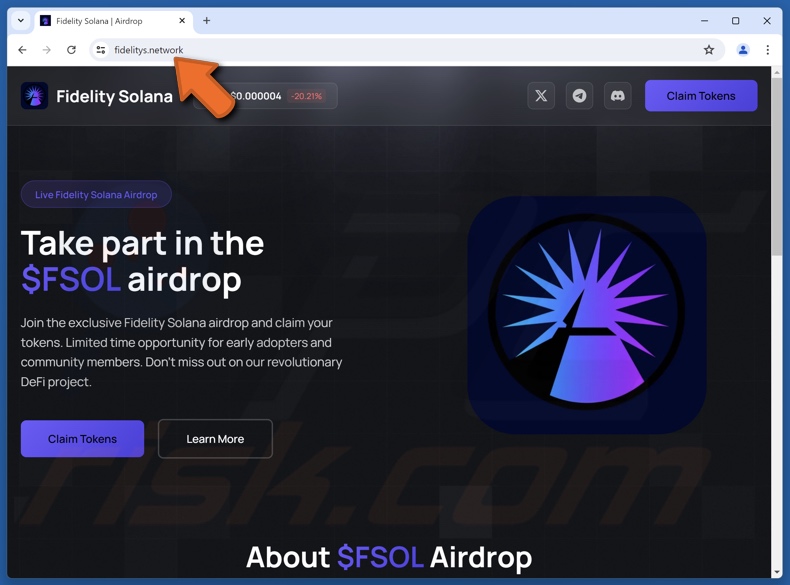 Sitio web falso de Fidelity Solana Airdrop