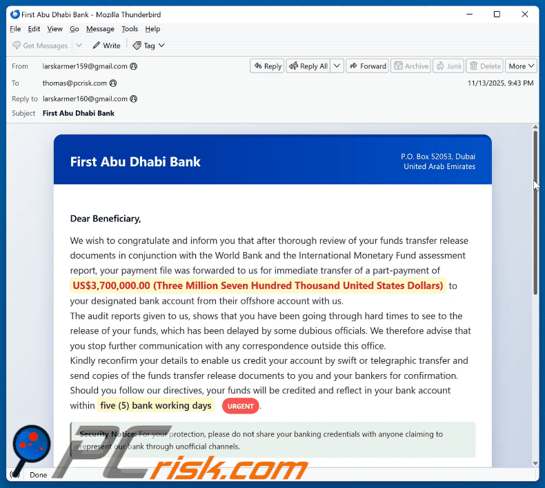 First Abu Dhabi Bank - Funds Transfer Documents apariencia de correo electrónico fraudulento (GIF)