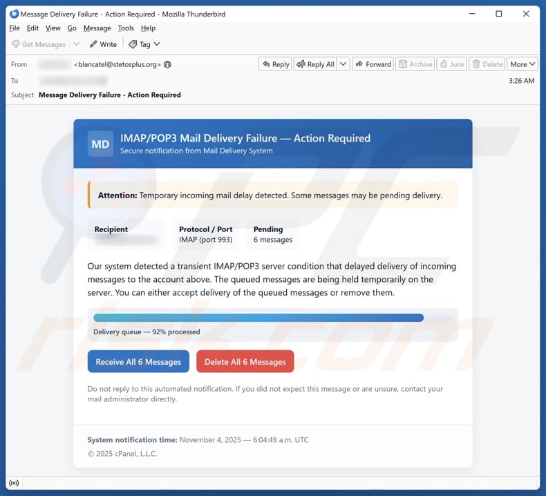 Email Account Failure Notice email spam campaign