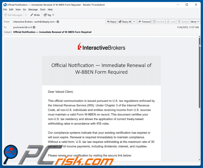 Interactive Brokers - Renewal of W-8BEN Form Required apariencia de correo electrónico fraudulento (GIF)