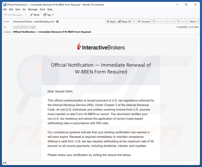 Interactive Brokers - Renewal of W-8BEN Form Required campaña de correo electrónico no deseado