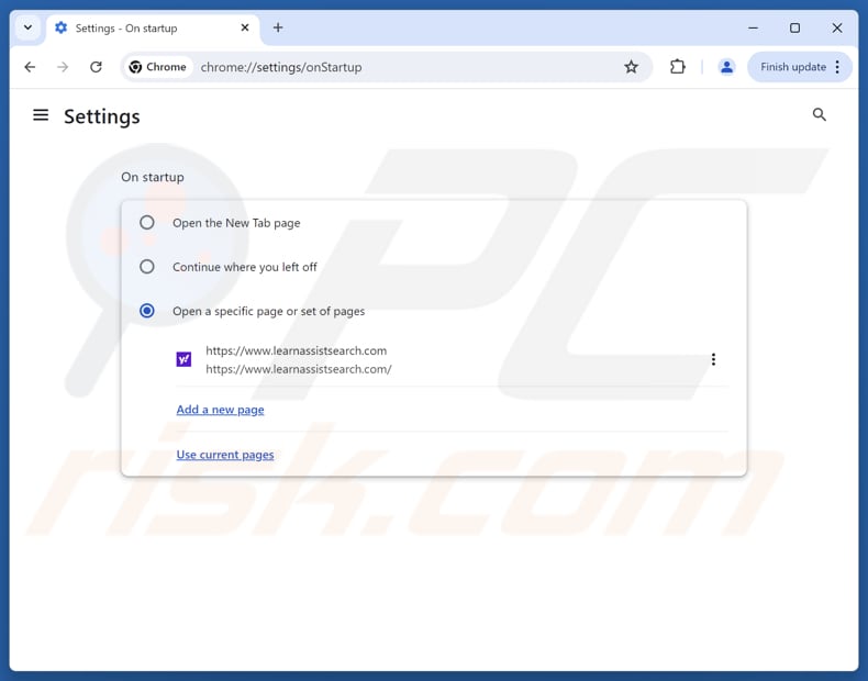 Eliminar learnassistsearch.com de la página de inicio de Google Chrome