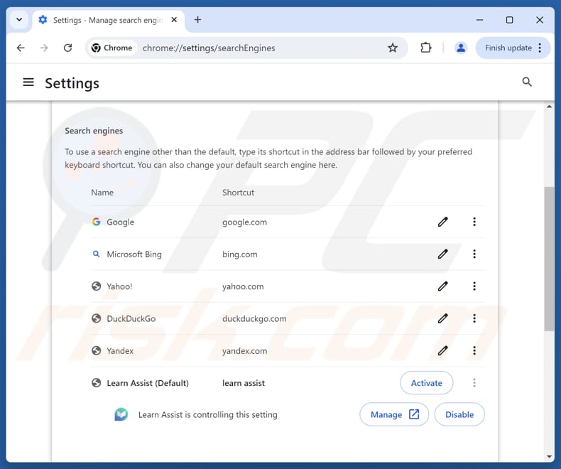 Eliminar learnassistsearch.com del motor de búsqueda predeterminado de Google Chrome