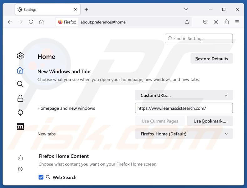 Eliminar learnassistsearch.com de la página de inicio de Mozilla Firefox