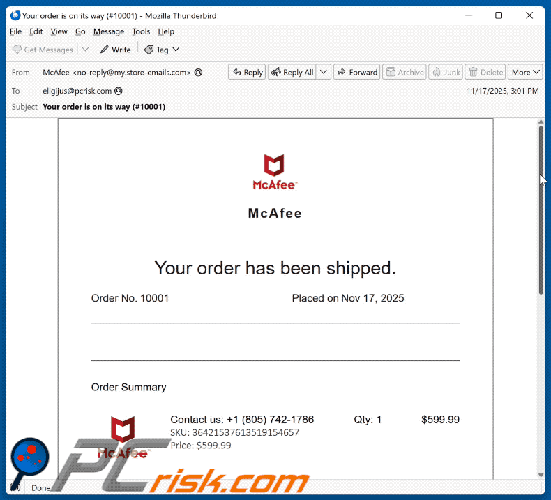 McAfee - Your Order Has Been Shipped apariencia de correo electrónico fraudulento (GIF)