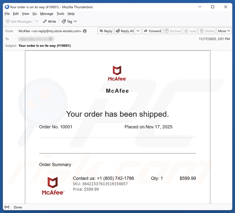 McAfee - Your Order Has Been Shipped campaña de correo electrónico no deseado