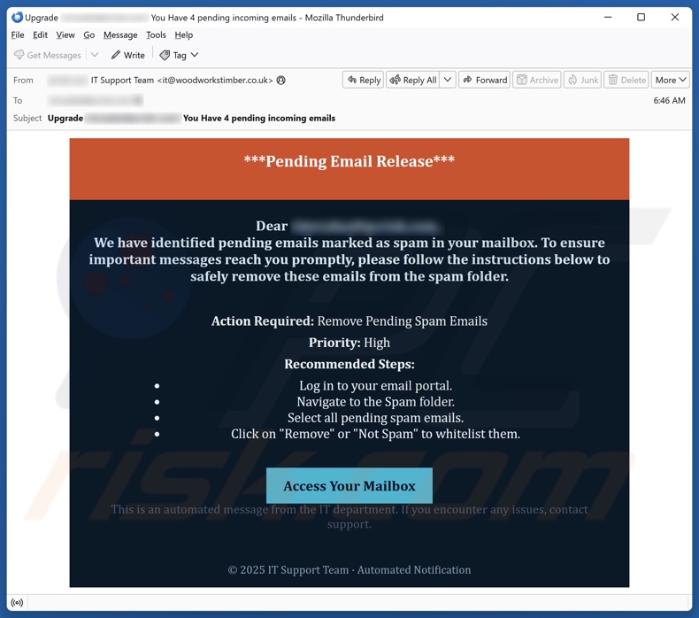 Pending Email Release campaña de correo electrónico no deseado