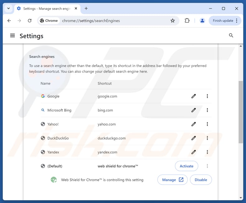 Eliminar service.webshieldhub.com del motor de búsqueda predeterminado de Google Chrome