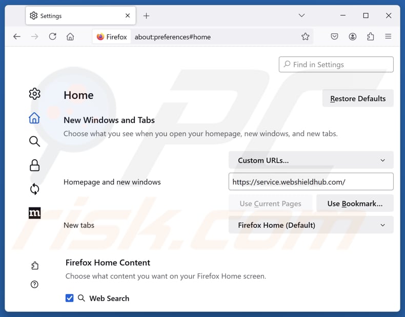 Eliminar service.webshieldhub.com de la página de inicio de Mozilla Firefox