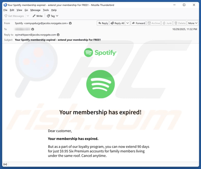 Email Account Failure Notice campaña de correo electrónico no deseado