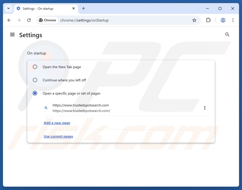 Eliminar trustedspotsearch.com de la página de inicio de Google Chrome