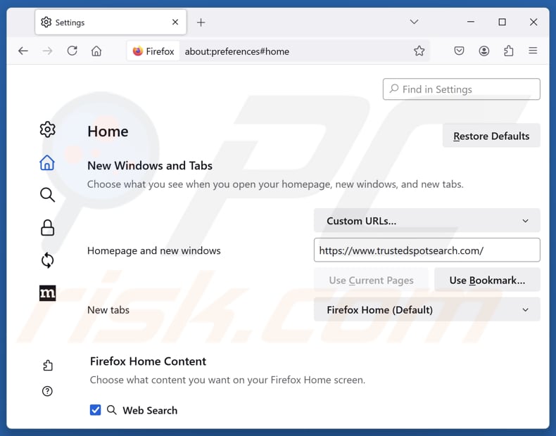 Eliminar trustedspotsearch.com de la página de inicio de Mozilla Firefox
