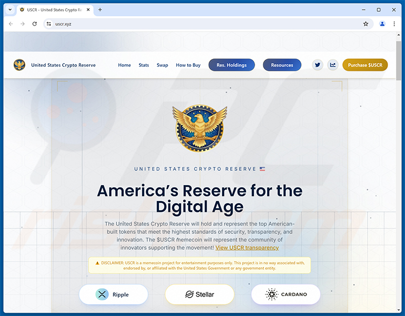 Real United States Crypto Reserve ($USCR) sitio web (uscr.xyz)