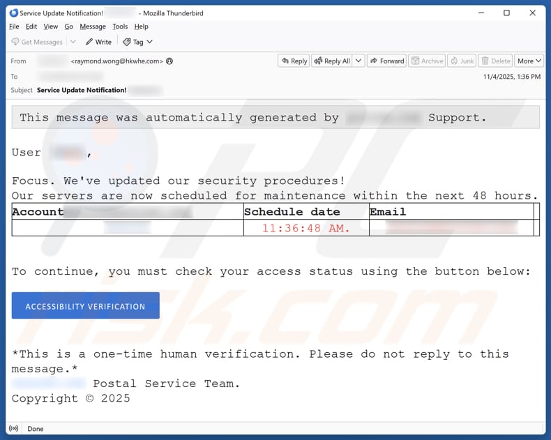 Email Account Failure Notice campaña de correo electrónico no deseado