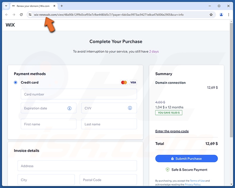 Wix Subscription Expiration correo electrónico fraudulento que promocionaba un sitio web de phishing