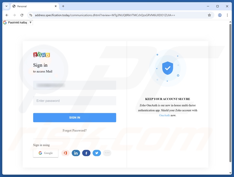 Your Mail Is On Hold correo electrónico fraudulento que promocionaba un sitio web de phishing