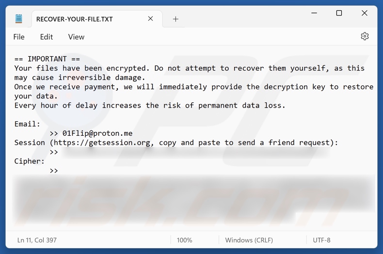01Flip ransomware nota de rescate (RECOVER-YOUR-FILE.TXT)