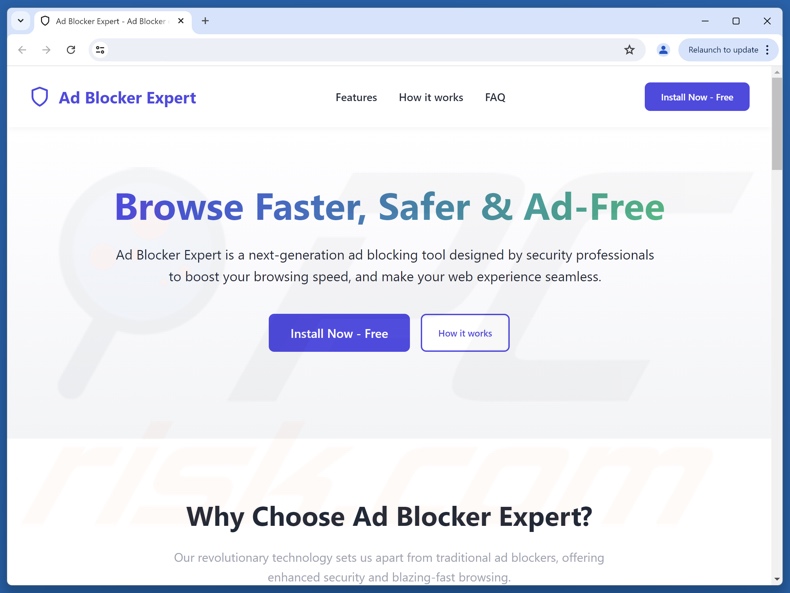 Sitio web que promociona el adware AdBlocker Expert