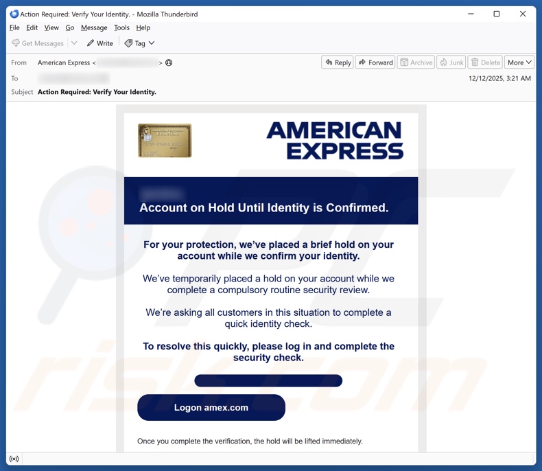 American Express - Account On Hold campaña de correo electrónico no deseado