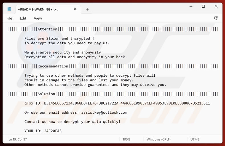 Asyl ransomware archivo de texto (+README-WARNING+.txt)