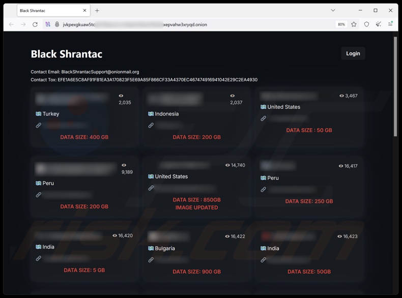 Black Shrantac ransomware sitio web con fuga de datos