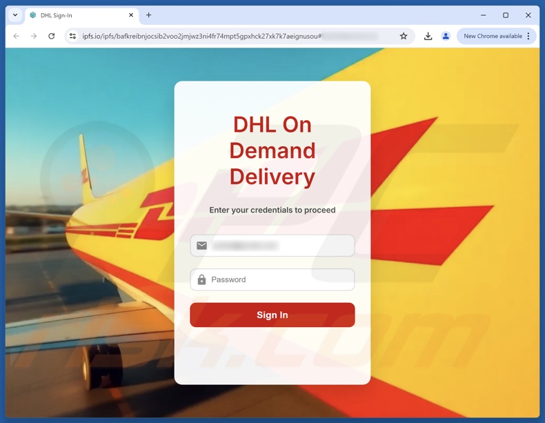 DHL Express - Incoming Package Arrival Notification correo electrónico fraudulento que promocionaba un sitio web de phishing