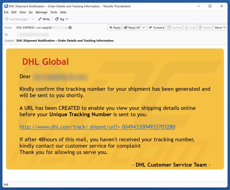 DHL Global - Shipment Tracking Number campaña de correo electrónico no deseado