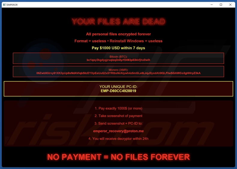 Emperor ransomware nota de rescate (pop-up)