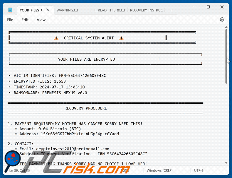 Frenesis Nexus Nota de rescate del ransomware (YOUR_FILES_ARE_ENCRYPTED.txt)