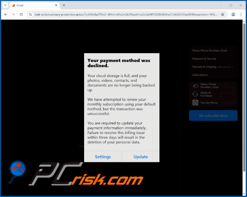iCloud Payment Method Declined sitio web promocionado por correo electrónico fraudulento (GIF)