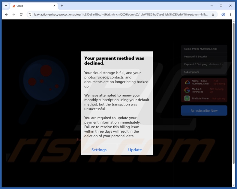 iCloud Payment Method Declined correo electrónico fraudulento que promocionaba un sitio web de phishing