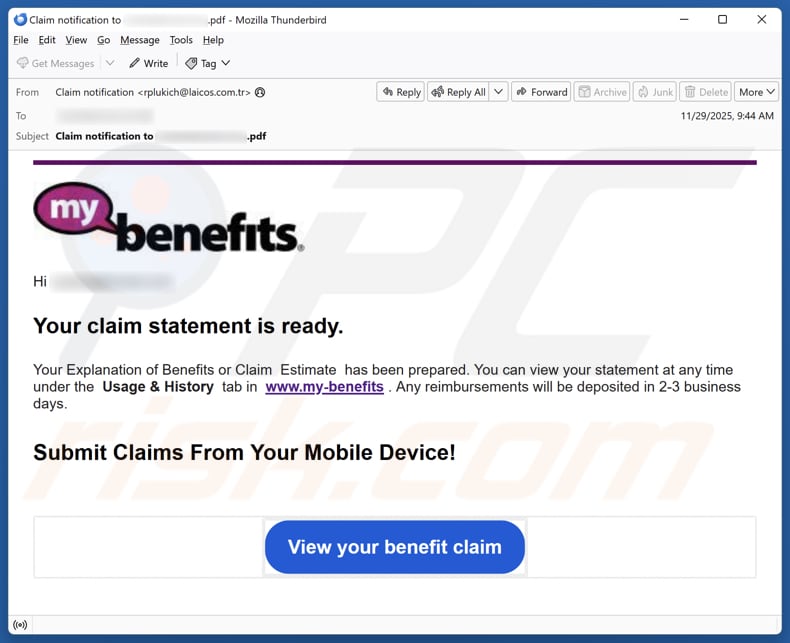 My Benefits - Your Claim Statement Is Ready campaña de correo electrónico no deseado