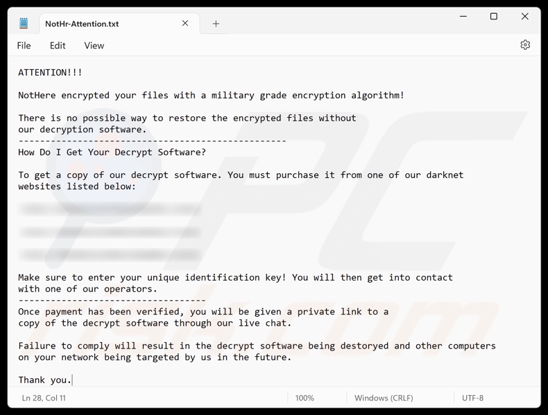 NotHere ransomware nota de rescate (NotHr-Attention.txt)