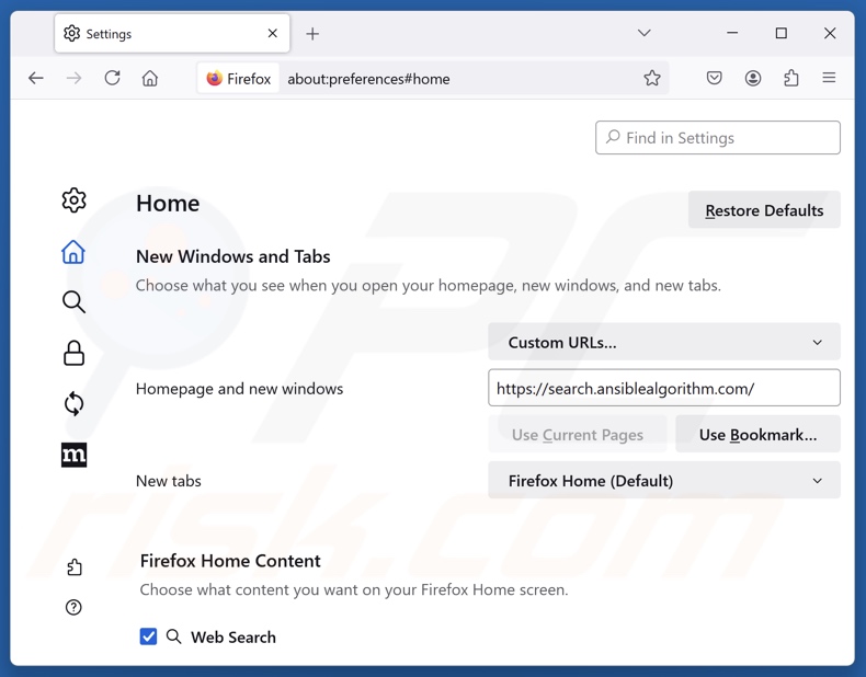 Eliminar search.ansiblealgorithm.com de la página de inicio de Mozilla Firefox