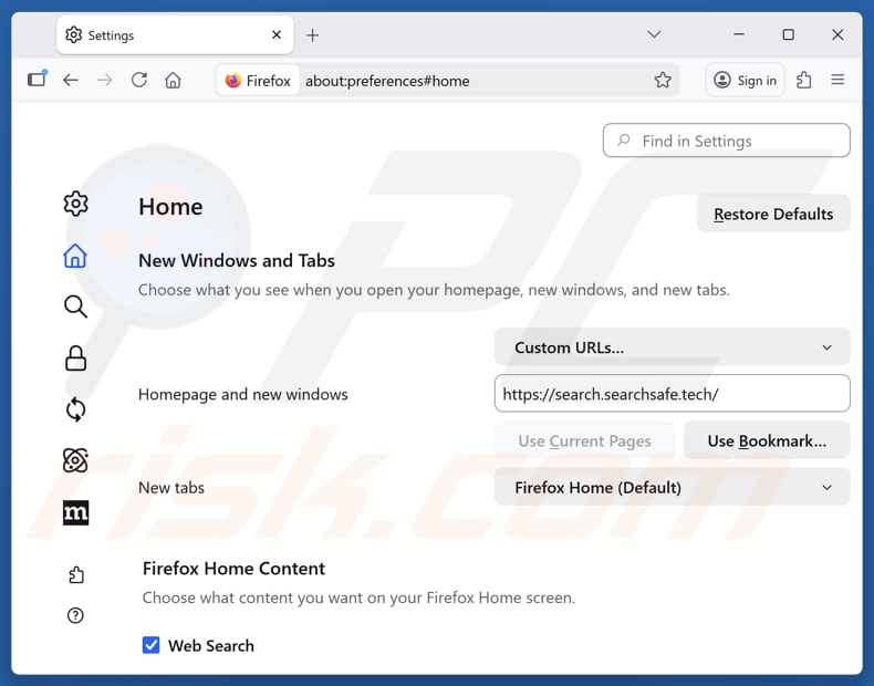 Eliminando search.searchsafe.tech de la página de inicio de Mozilla Firefox