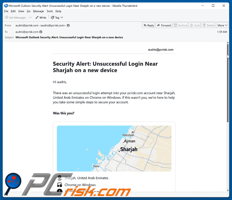 Security Alert: Unsuccessful Login On A New Device apariencia de correo electrónico fraudulento (GIF)