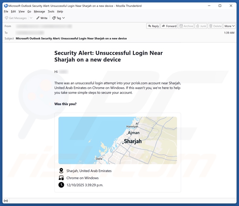 Security Alert: Unsuccessful Login On A New Device campaña de correo electrónico no deseado