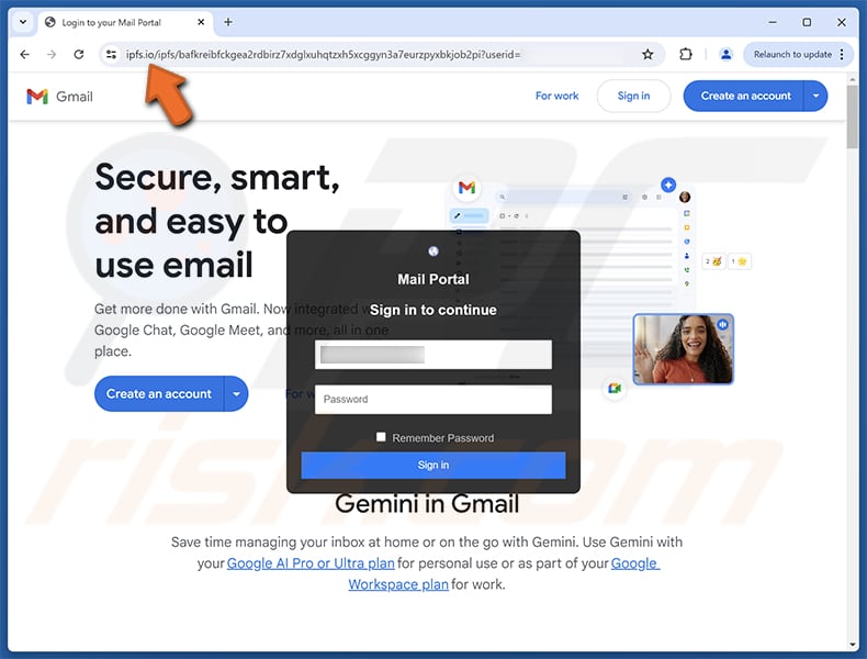 Security Warning Estafa por correo electrónico, sitio web falso